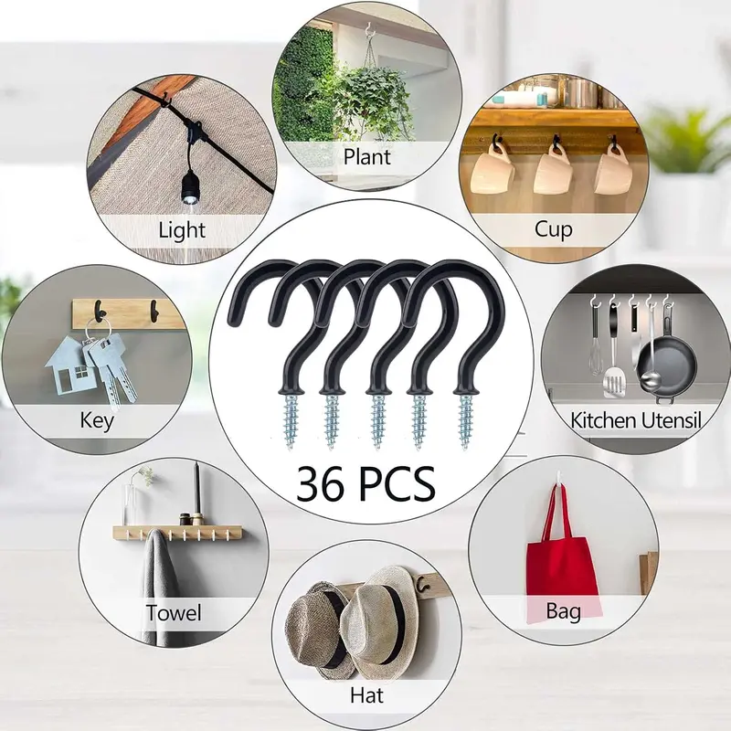 36PCS Metal Ceiling Hooks 1-1/4 Inch Multipurpose Vinyl Coated Screw-in Wall Hooks for Hanging Plants, Cups, Utensils, Lights and Stuff Great for Indoor & Outdoor Use 1