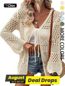 Women's Solid Color Hollow Out Crochet Cardigan, Elegant Basic Chic Casual Knitting Longsleeves Tie Front Knitwear for Summer, Fashion Women's Knit Clothing for Beach Vacation, Womenswear, Cardigans for Women, Lady Casual Classy Top