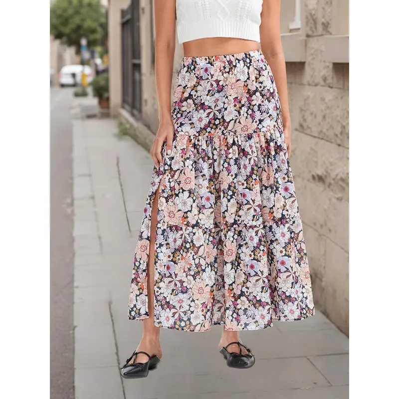 Women Floral Long Skirts High Waist Flowy Slit Skirt Summer Bohemian Skirt for Casual Daily Holiday 7