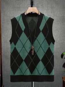 Men's Colorblock Argyle Pattern V Neck Sweater Vest, Casual Sleeveless Jumper Vest for Spring & Fall, Fashion Men's Knit Clothing for Daily Wear, Tops, Chic Elegant Vest