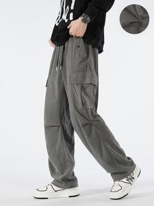 Men's Solid Color Drawstring Waist Cargo Pants, Loose Casual Pocket Button Trousers for Fall & Winter, Men's Bottoms for Daily Wear