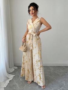 Women's Sleeveless Jumpsuit, Elegant Chic Fashion Casual Modern Jumpsuit for Daily Outdoor Wear, Women's Beige Jumpsuits Fitted for Summer, Womenswear, Colorblock Print Jumpsuit, Tie Waist Jumpsuit, Tie Front Jumpsuit