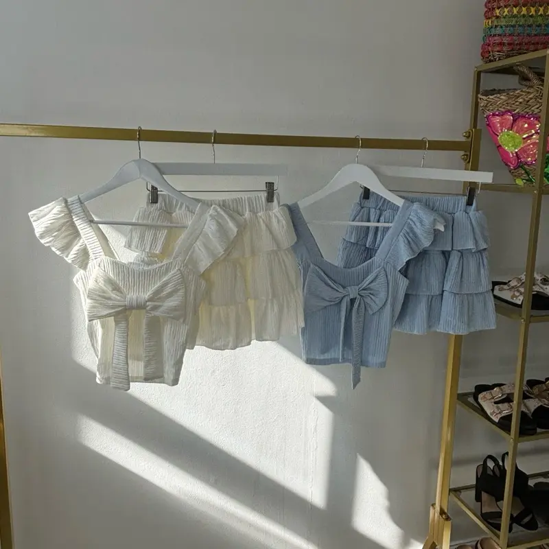 Frill Two Piece Set Skirt & Bow Top Summer Holiday Cute Outfit Built In Shorts Co-ord - 294 5