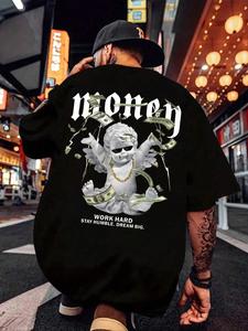 Men's Letter & Angel Print Short Sleeve Tee, Loose Casual Angel Wing Graphic T-shirt for Summer, Fashion Men's Top for Daily Wear