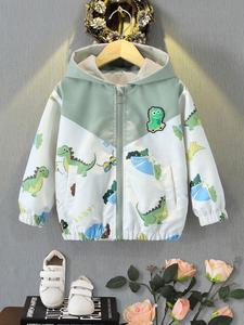 Boy's Cartoon Dinosaur Print Zip Up Hooded Jacket, Cute Casual Long Sleeve Outerwear for Spring & Fall, Kids Clothes for Daily Wear