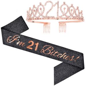 21st Birthday Sash and Tiara Set, 2pcs/set Rhinestone Design Crown & 21st Birthday Sash Set, Birthday Party Decoration for Girls Women, Party Decoration Supplies