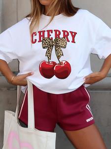 Women's Cherry & Bow Print Round Neck Tee, Casual Leopard Print Short Sleeve T-Shirt for Summer, Ladies Clothes for Daily Wear, Top