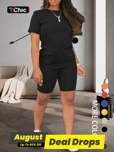 Women's Plain Round Neck Tee & Skinny Shorts Set, Summer Clothes Women, Fitted Short Sleeve Crew Neck T-shirt & Shorts, Workout Sets Women, Basic Minimalist Womenswear, Lady Casual Loungewear Set, Cute Summer Outfit, Summer Beach Set
