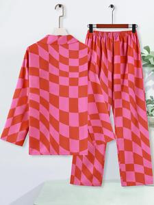 Women's Plaid Print Top & Pants Pyjama Two-piece Set, Casual Comfy Pajama Long Sleeve Top & Trousers Pj Set, Ladies Sleepwear for All Seasons