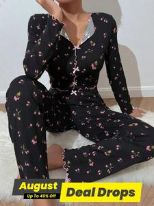 Two-piece Set Women's All Over Print Lettuce Trim Button Front Pajama, Casual Comfy Long Sleeve V Neck Top & Pants Pj Set, Women's Sleepwear for Spring & Fall, Ditsy Floral Pajamas, Pajama Sets, Loungewear, Pyjamas, Longsleeves