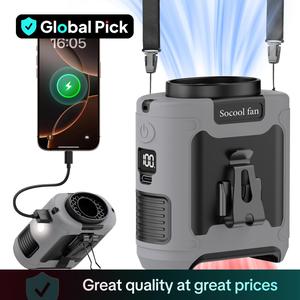 Socool Fan 10000mAh/14500mAh Power Bank, Portable Waist Fan Clip-on Wearable Belt Personal Fan, Rechargeable Battery Operated With Flashlight Hands-Free 40H/67H Cooling, USB Cooling Fan for Outdoor, Multifunction Portable Fan