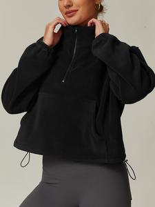 Women's Solid Zip Up Drop Shoulder Polar Fleece Sports Sweatshirt, Casual Long Sleeve Stand Collar Pocket Sports Top for Fall & Winter, Women's Sportswear for Outdoor Activities