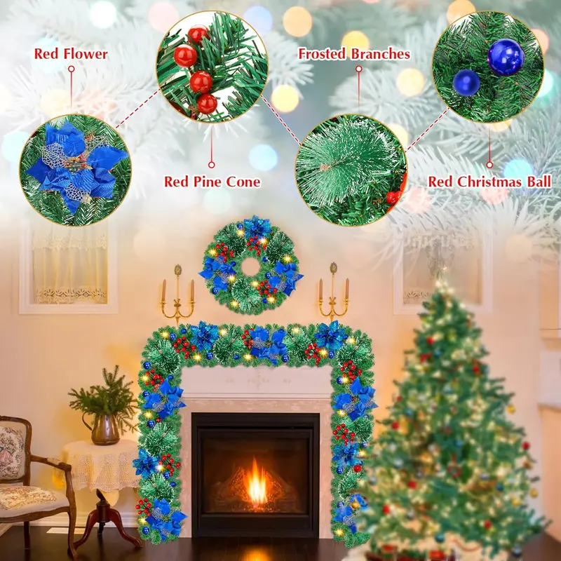 Christmas Garland with 30 LED Lights, 270cm/9FT Pre-Lit Artificial Christmas Garland, Battery Operated Garland for Xmas Tree Stairs Christmas Fireplace Garden Yard Window Decors 3