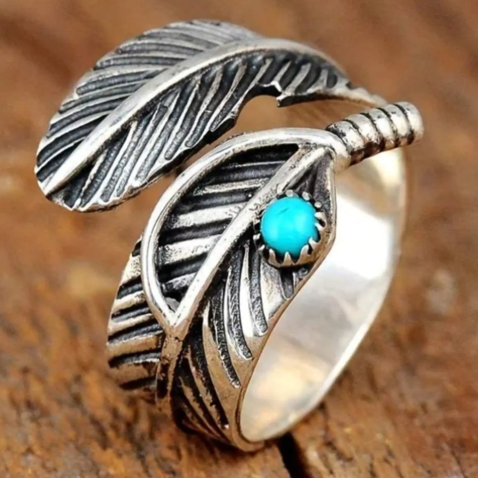Bohemian Vintage Turquoise Feather Open Ring for Women's Everyday Wear