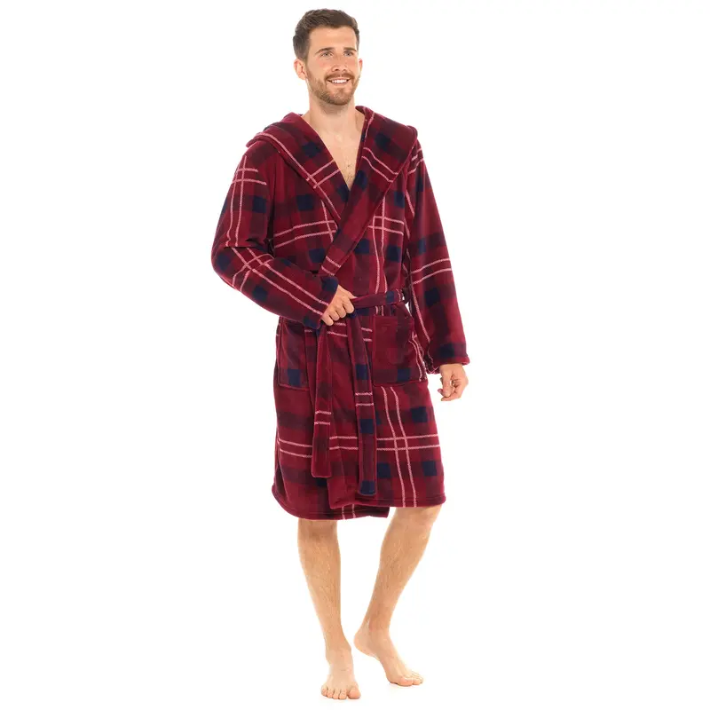 Men's Coral Fleece Tartan Checked Hooded Robe Dressing Gown 0