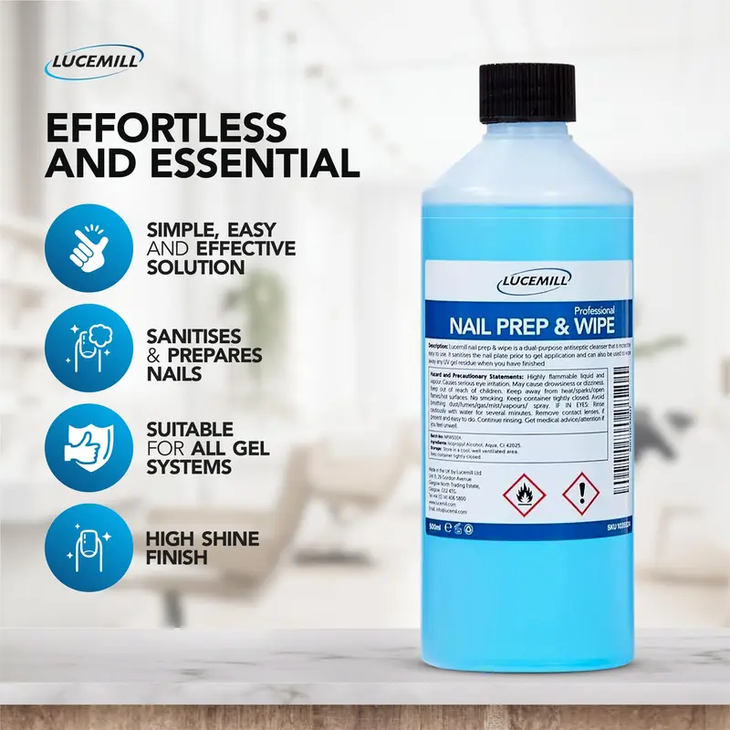 Lucemill Nail Prep & Wipe Gel Polish Cleanser - 500ml | Professional Formula for Acrylics & Nail Tips | Alcohol Wipe Off Solution 5