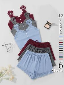 Women's Contrast Lace Button Cami Top & Elastic Waist Tie Front Shorts Pyjama Set, Casual Comfortable Loungewear Set For Women, Pyjamas for Women