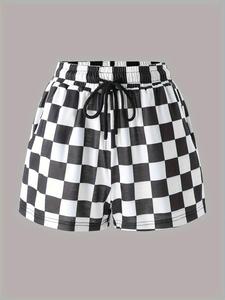 Women's Checkerboard Print Adjustable Drawstring Waist Shorts, Chic Casual Plaid Fitted Pocket Shorts for Summer, Women's Bottoms for Daily Wear, Everyday Womenswear, Lady