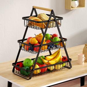 Fruit Food Basket, 1/2 Counts 2/3-layer Fruit Basket Bowl with Wooden Handle, Metal Fruit Vegetable Organizer for Kitchen, Summer for Gift