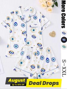 Women's All Over Cartoon Eye Print Short Sleeve Pajama Two-piece Set, Casual Comfy Button Front Chest Pocket Design Lapel Neck Top & Elastic Waist Shorts PJ Set, Ladies Sleepwear for All Seasons, Pajamas, Loungewear