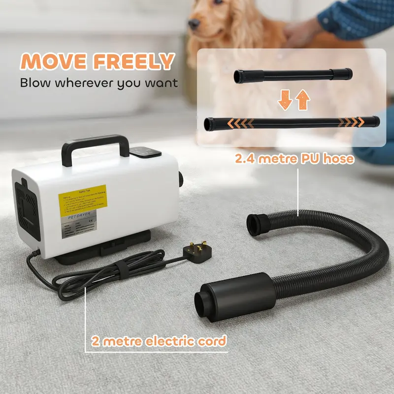 PawHut 2200W Dog Hair Dryer with Auto Adjustable Temperature & Airflow, 3 Nozzles, Digital Screen, for Dogs Cats, White 6