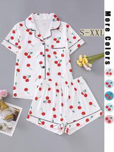 Women's All Over Cherry Print Lapel Collar Pocket Shirt & Elastic Waist Shorts Pyjama Set, Casual Comfortable Contrast Binding Button Front Top & Shorts PJ Set, Ladies Sleepwear for Summer