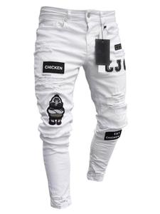 Men's Regular Fit Chicken Embroidery Ripped Slim Jeans, Casual Comfy Denim Pants for Daily Wear, Fashion Men's Bottoms for All Seasons