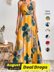 Women's Floral Print Backless Split Thigh Wrap Dress, Summer Clothes Women, Boho Sleeveless Deep V Neck Long Dress for Beach Holiday Vacation, Sundress, Slip Dress, Elegant Dress Women, Casual Wear, Boho Summer Dresses