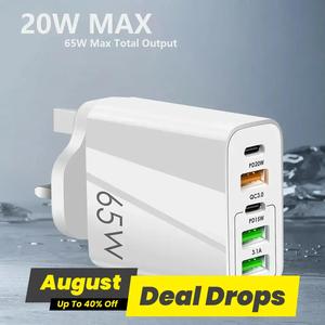 Total 65W Fast Charging Head, 2PD+3USB Multi-port Fast Charging Head, USB C Charger Fast Charging Head Compatible With Various Devices