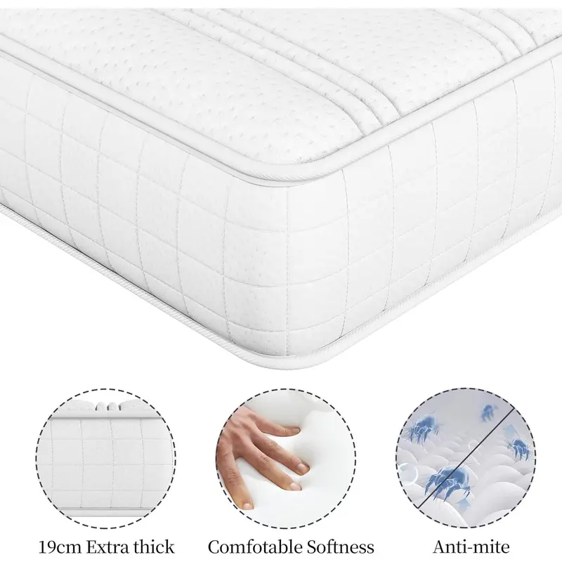 Single Mattress 3ft Bonnell Springs Mattress Single Foam Mattress Medium Firm Mattress for Single Bed with Anti-mite Knitted Jacquard Cover, 90x190x19cm,White 7