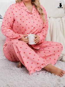 【Plus Size】 Two-Piece Set All Over Print Button Front Top & Ruffle Trim Pants Pajama, Long Sleeve Lapel Top & Wide Leg Pants PJ Set, Women's Sleepwear for Fall & Winter