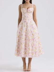 Women's Ditsy Floral Print Contrast Lace  Cami Dress, Boho Fashion Casual Zipper Sleeveless Long Dress for Beach Holiday Vacation, Ladies Summer Clothes