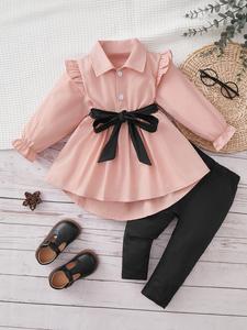 Baby Girl Spring Autumn Cute Butterfly Knot Shirt Top + Pants Fashion Set, Fitted Ruffled Design, Moderate Fabric Thickness