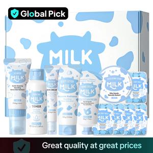 Milk Skin Care Gift Box, 1 Set Refreshing Moisturizing Facial Cleanser & Toner & Eye Cream & Scrub & Body Lotion & Soap & Hand Cream Moisturizer, Skin Care Kit for Women