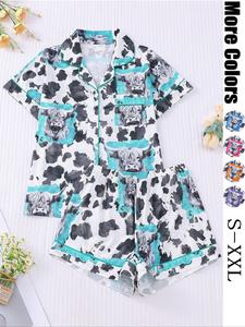 Women's All Over Cow Print Lapel Neck Top & Shorts Pyjama Two-piece Set, Casual Comfy Short Sleeve Button Up Top & Shorts PJ Set, Ladies Sleepwear for All Seasons, Pajamas Lounge Set