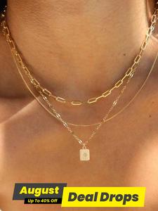 Women's Luxury Adjustable Necklace Set, Valentine's Day Gift, High End Necklace, 3 Counts Trendy Artificial Zircon Decor Chain Necklaces & Square Shaped Pendant Necklace Set, Exquisite Trendy Jewelry