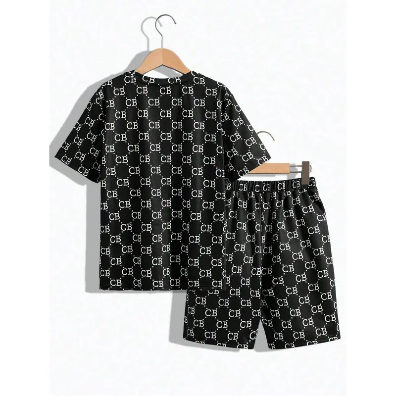 Tween Boys' Loose Fit Casual Round Neck Patterned Short Sleeve T-Shirt And Shorts Set Matching Set 1
