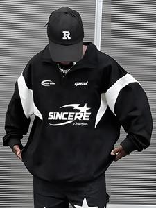 Men's Letter & Star Print Zip Up Sweatshirt, Casual Street Drop Shoulder Long Sleeve Pullover, Men's Fall & Winter Clothes for Daily Wear