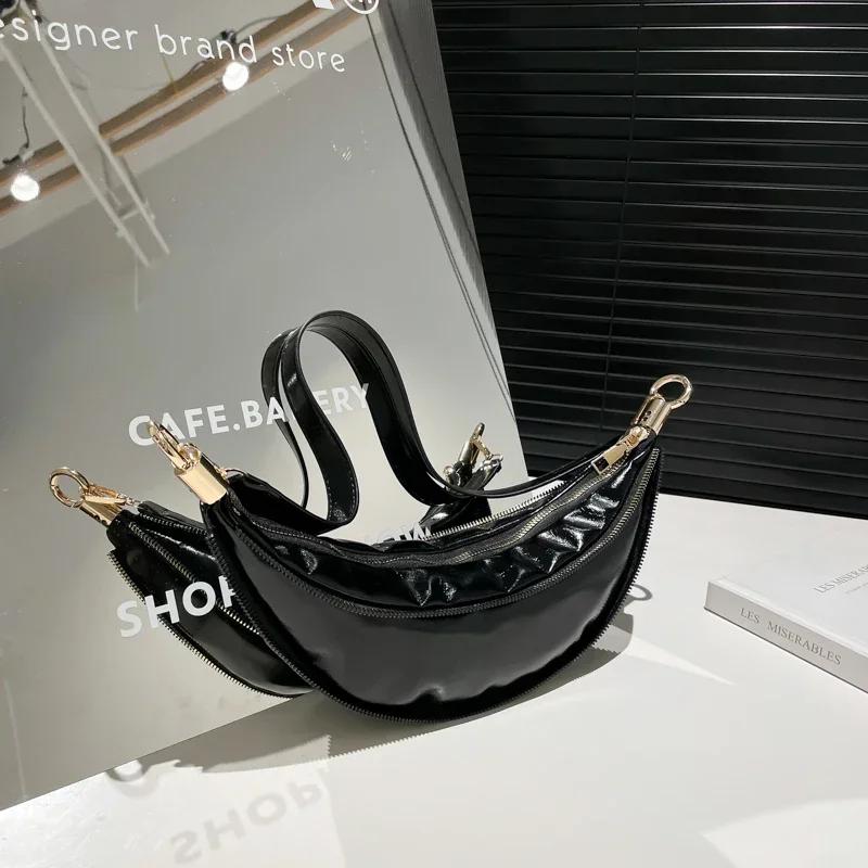 Motorcycle Style Y2K Spicy Girl Crossbody Bags New Zipper PU Shiny Banana Shoulder Bag Fashionable Trend Personalized Chest Bag 2