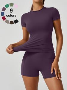 Women's Solid Tee & High Waist Shorts Sportswear Set, Casual Sporty Short Sleeve T-Shirt & Skinny Shorts, Ladies Summer Sportswear for Gym Workout Running, Workout Running Clothes