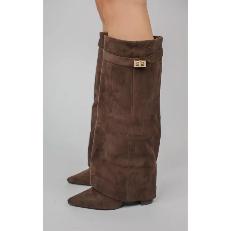 Brown Faux Suede Fold Over Shark Classic Buckle Knee High Boot 3