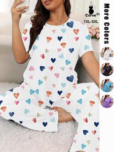 Plus Size Heart Print Tee & Pants Pyjama Set, Summer Outfits 2024, Casual Short Sleeve T-shirt & Pants, Women's Plus Size Loungewear, Lady Pajama Set, Casual Womenswear