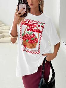 Women's Cherry & Letter Print Round Neck Tee, Casual Short Sleeve Crew Neck T-shirt for Daily Wear, Ladies Clothes for All Seasons