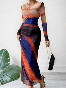 Women's All Over Print Ruched Tulle Dress, Elegant Long Sleeve Round Neck Long Dress for Party Holiday Wedding Guest, Ladies Spring & Fall Clothes, Cece Wedding Dress