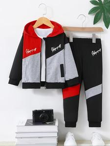 Two-piece Set Boy's Patchwork Letter Print Patchwork Zip Up Hoodie & Elastic Waist Sweatpants Set, Casual Long Sleeve Hooded Outerwear & Jogger Pants, Kids Fall & Winter Clothes, Cute Clothes
