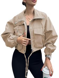 Women's Solid Zip Up Crop Jacket, Casual Fashionable Pocket Lightweight Outerwear, Ladies Spring & Fall Clothes soft cardigan round neck sweater gold button cropped  trench  coat quan  green  sweater puffer  jackets     jacket  women womens  coat