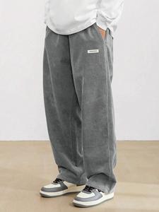 Men's Letter Patched Pocket Corduroy Pants, Loose Casual Comfy Straight Leg Trousers for Fall & Winter, Men's Bottoms for Daily Wear