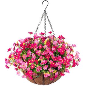 Artificial Hanging Basket with Handle, 8-inch Faux Flower Basket, Decorative Plant for Home Garden Porch Deck, Home Decor Supplies, Outdoor, Pink, Cute