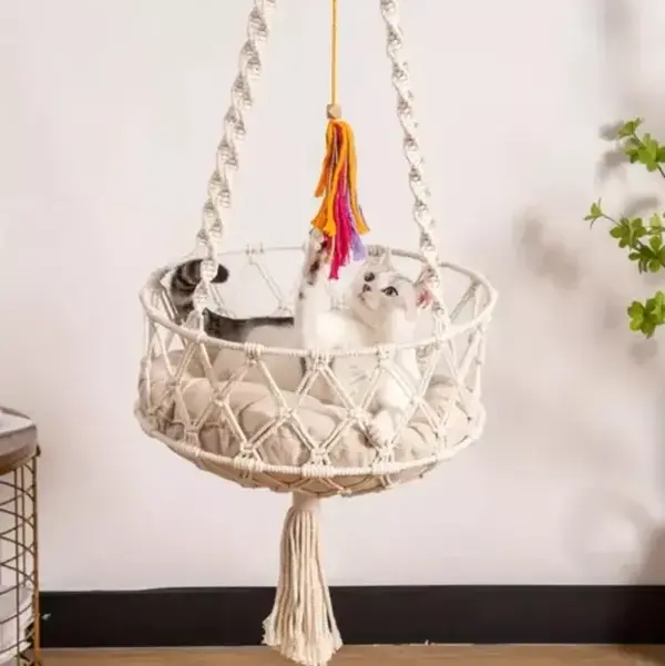 MEWOOFUN Cat Hammock Macrame Cat House Cat Swings Bed with Cushion Wall Hanging