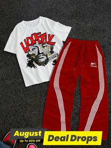 Men's Letter Print Short Sleeve Graphic Tee & Side Stripe Drawstring Waist Pants Two-piece Set, Regular Fit Round Neck T-shirt & Pocket Trousers, Casual Fashion Cozy Breathable Men Outfits for Spring & Fall, Athleisure